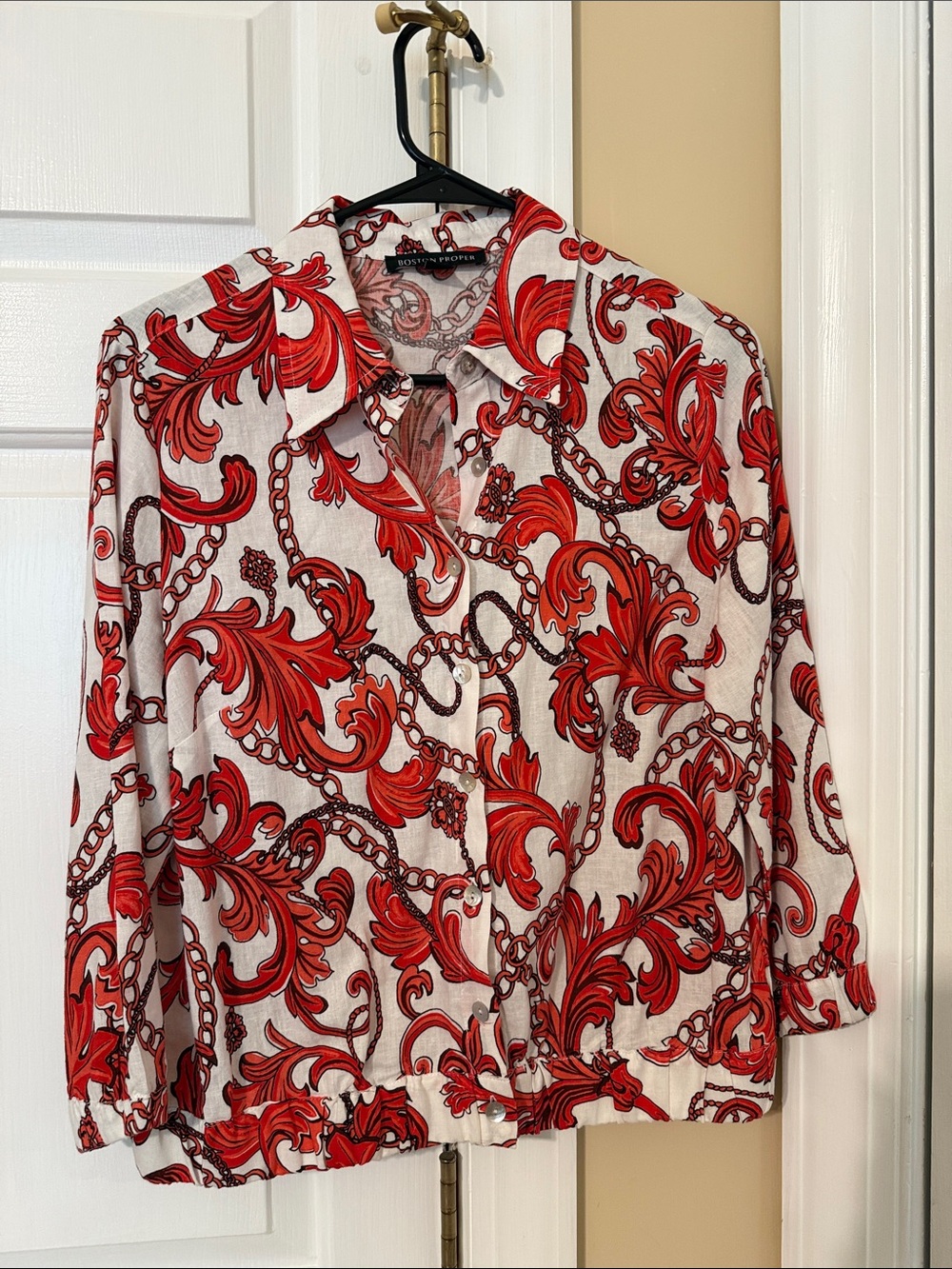 Boston Proper Red and White Chain-Print Button-Up Linen blend Shirt Jacket